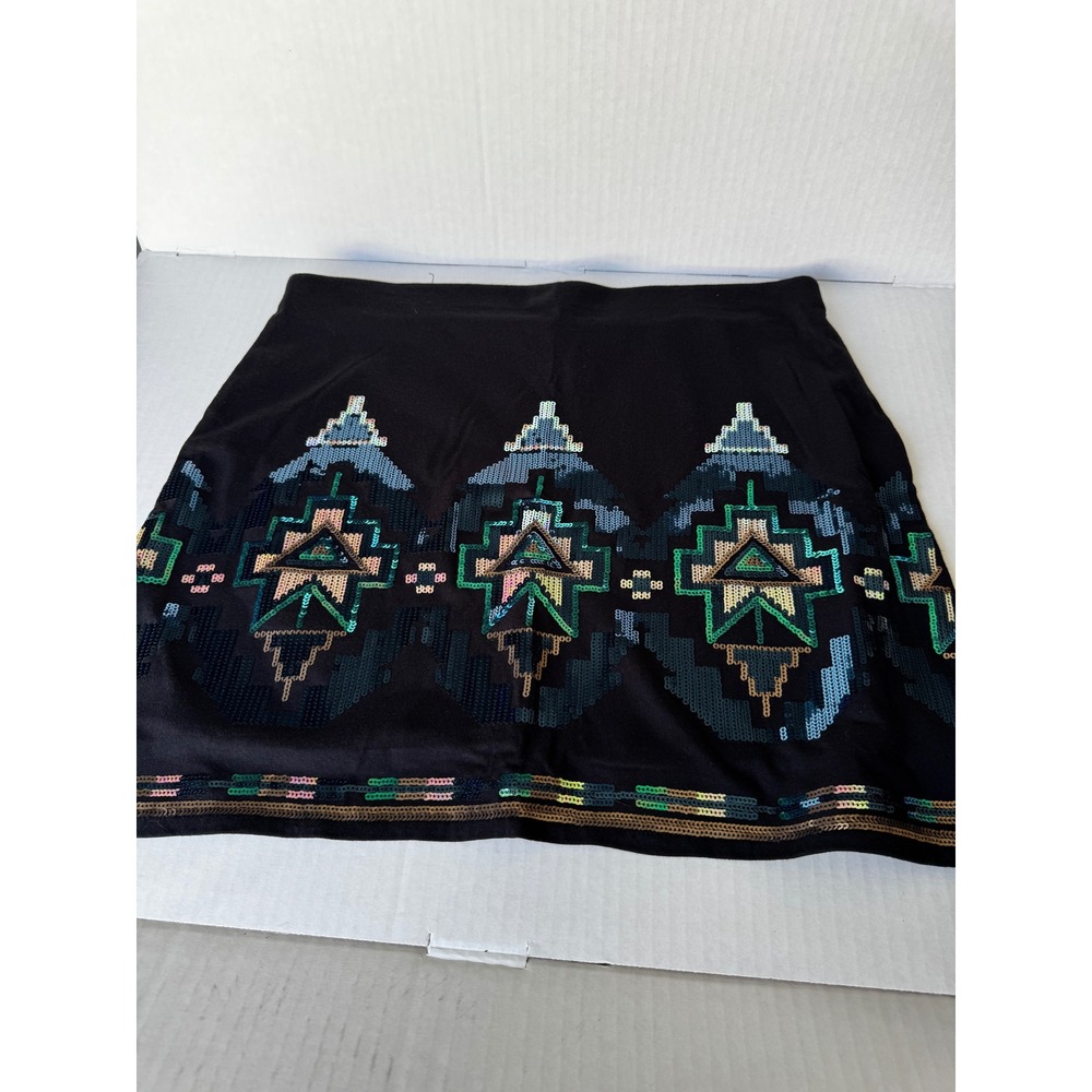 Bongo Womens XL Black Sequin Tribal Geometric Mini Skirt Stretch Cotton Blend